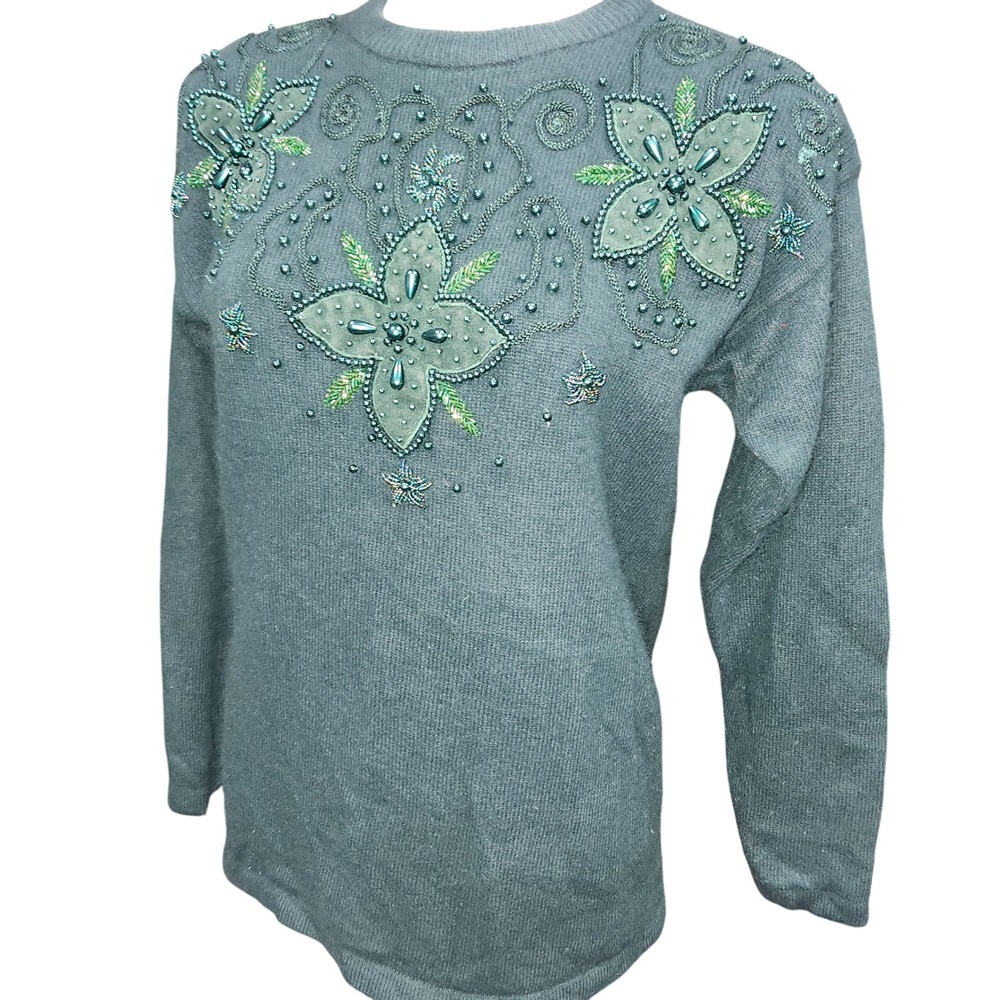 Vintage Cavalini Grandmacore Angora Rabbit & Wool Green jeweled Sweater small - Picture 2 of 8